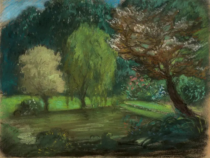 Stromy u vody v parku, Eugène Delacroix
