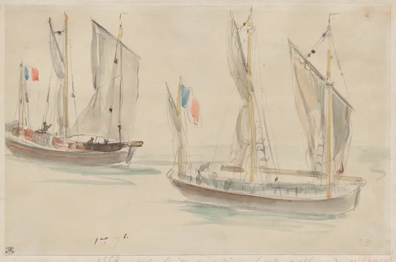 Två båtar i hamnen i Dieppe av Eugène Delacroix