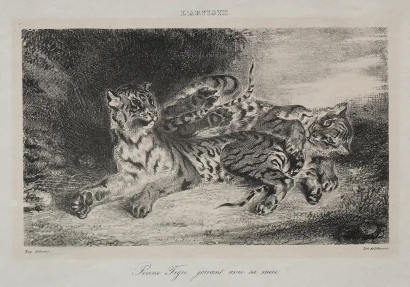 Ung tiger leker med sin mor av Eugène Delacroix