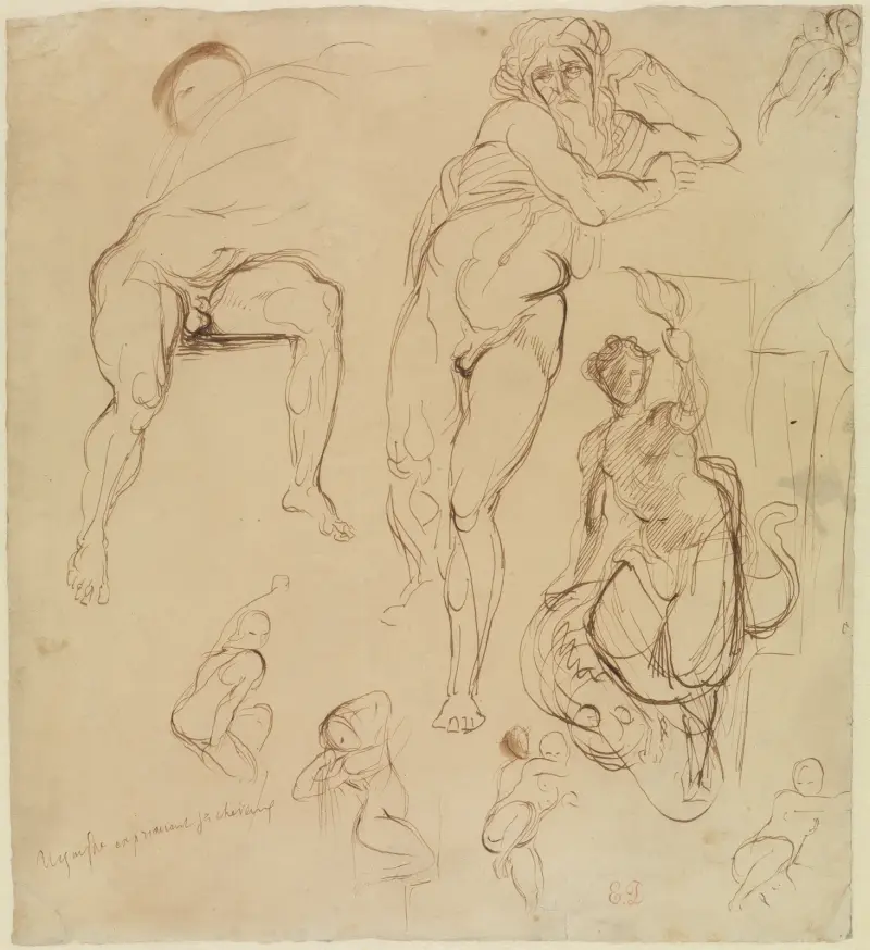 Zwei männliche und sechs weibliche Figuren von Eugène Delacroix