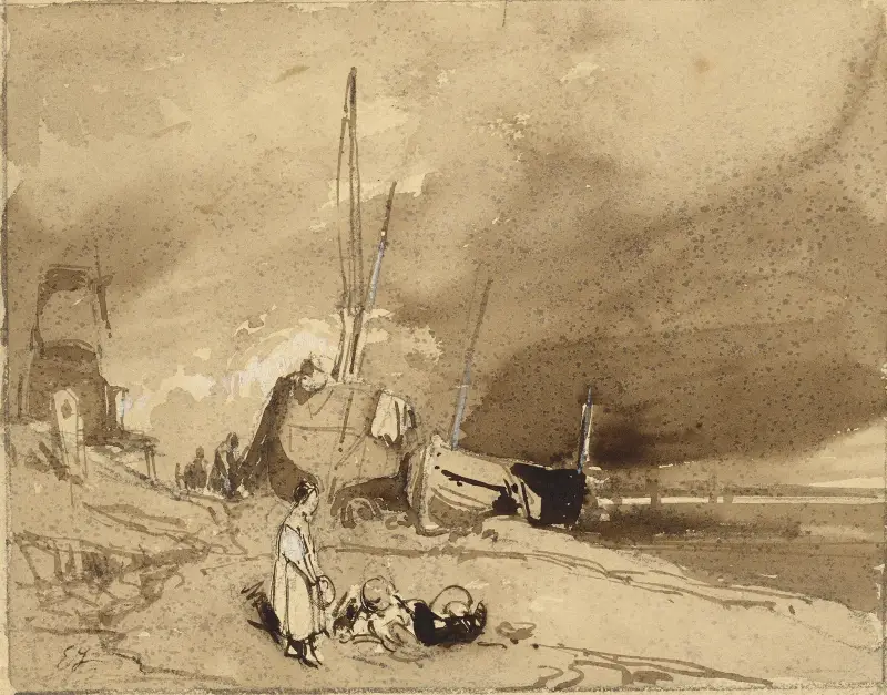 Bord de Plage (Rybářské čluny na pláži, bouřkové mraky v dáli), Eugène Isabey