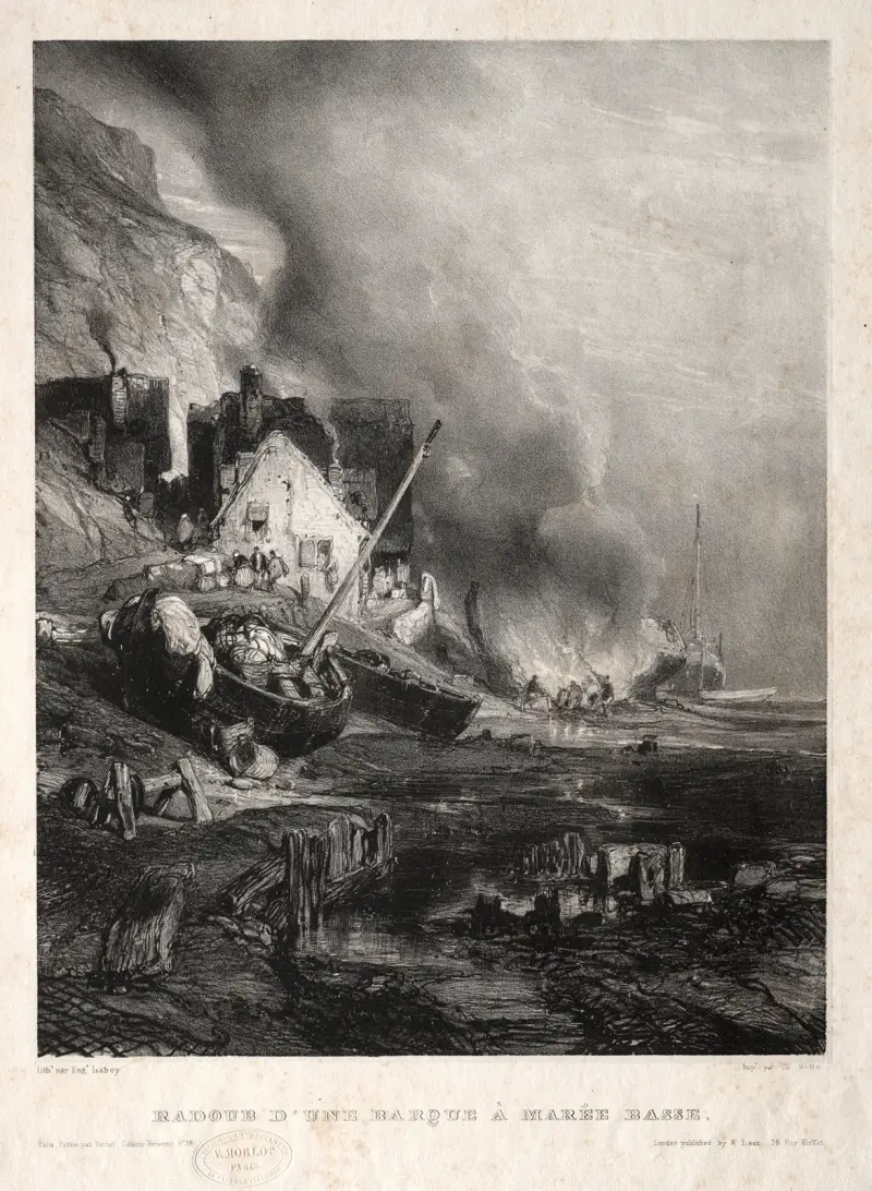 Radoub d’une barque à marée basse av Eugène Isabey