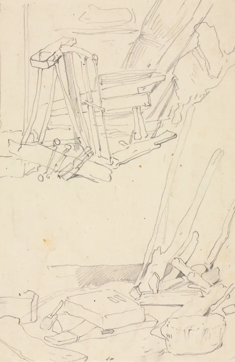 Studien von Holz und landwirtschaftlichen Geräten von Eugène Isabey