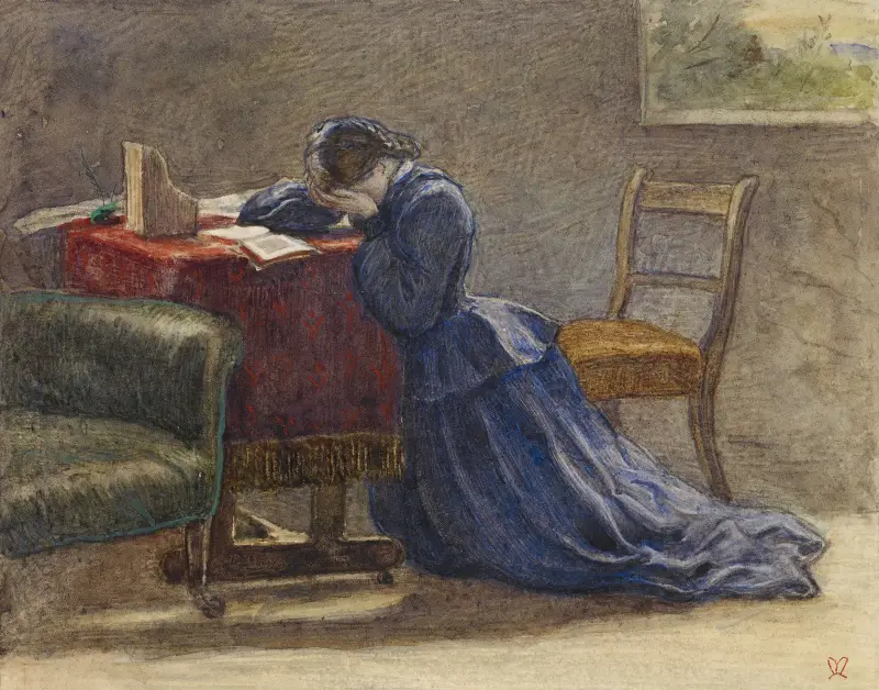 En hustru – med ansiktet i båda händerna knäböjde hon på mattan av Sir John Everett Millais