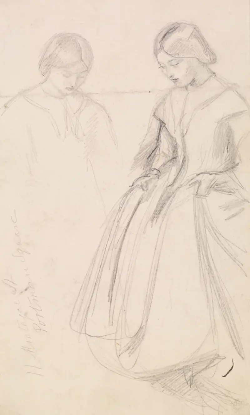 Kvinna – skisser av en flicka som håller i sin kjol av Sir John Everett Millais