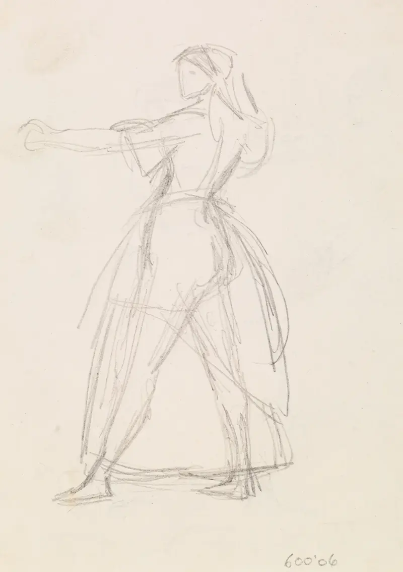 Kvinna – studie av en kvinna i hotfull hållning, armen lyft (1851–2) av Sir John Everett Millais