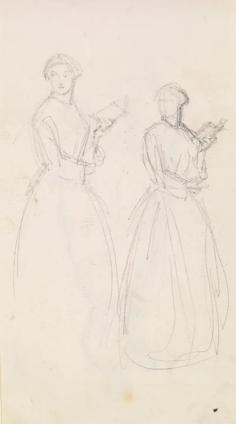 Kvinna – två skisser av en ung kvinna som håller en bok, 1855 – nr 1 av Sir John Everett Millais