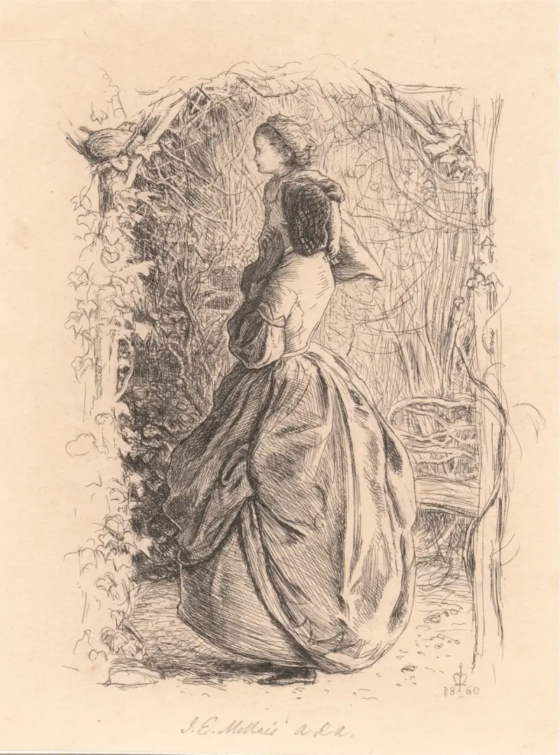 Glad vårtid. Kvinna och barn ser på fågel i bo. av Sir John Everett Millais