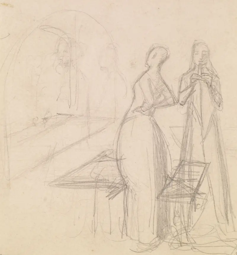 Mariana – figurstudie och skiss av en kvinna som viker tyg av Sir John Everett Millais