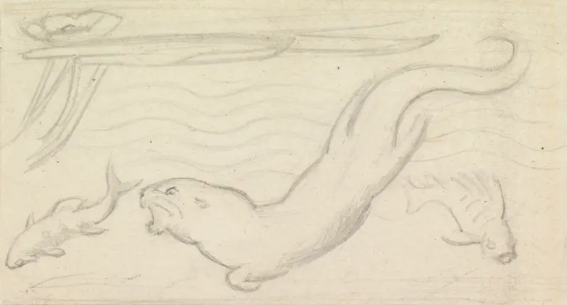 Studie för glasmålning, en utter och två fiskar av Sir John Everett Millais