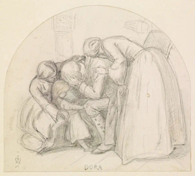 Tennysons Dora – Studie von Mary, dem Kind und Dora, die ihren Vater trösten von Sir John Everett Millais