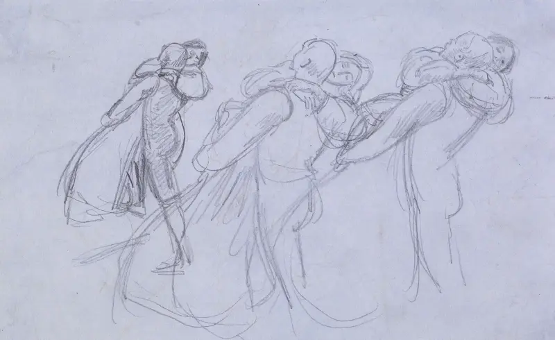 Kärlekens krona av George Meredith – tre studier av älskaren som bär prinsessan uppför kullen av Sir John Everett Millais
