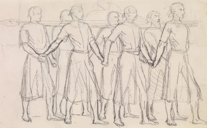 Brans huvud – studie av sju prinsar som bär Brans huvud av Sir John Everett Millais