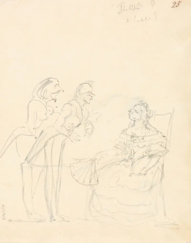 Två herrar samtalar med en sittande dam – nr 1 av Sir John Everett Millais