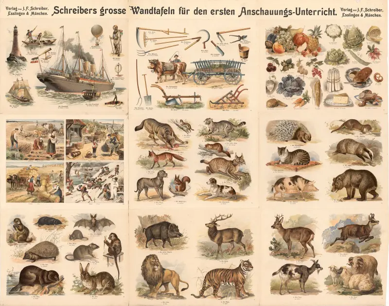 9 bilder om vardagsliv, djur och grönsaker av J.F. Schreiber