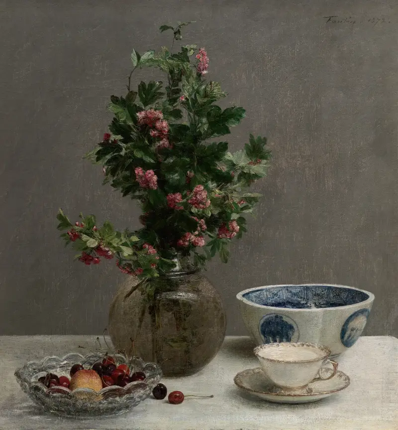 Stilleben med vas med hagtorn, skål med körsbär, japansk skål samt kopp och fat av Henri Fantin-Latour
