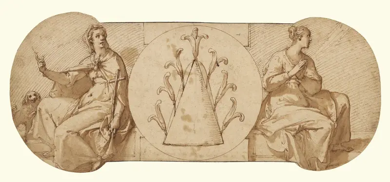 Allegorier över tron och hoppet, flankerande Zuccaro-emblemet av Federico Zuccaro