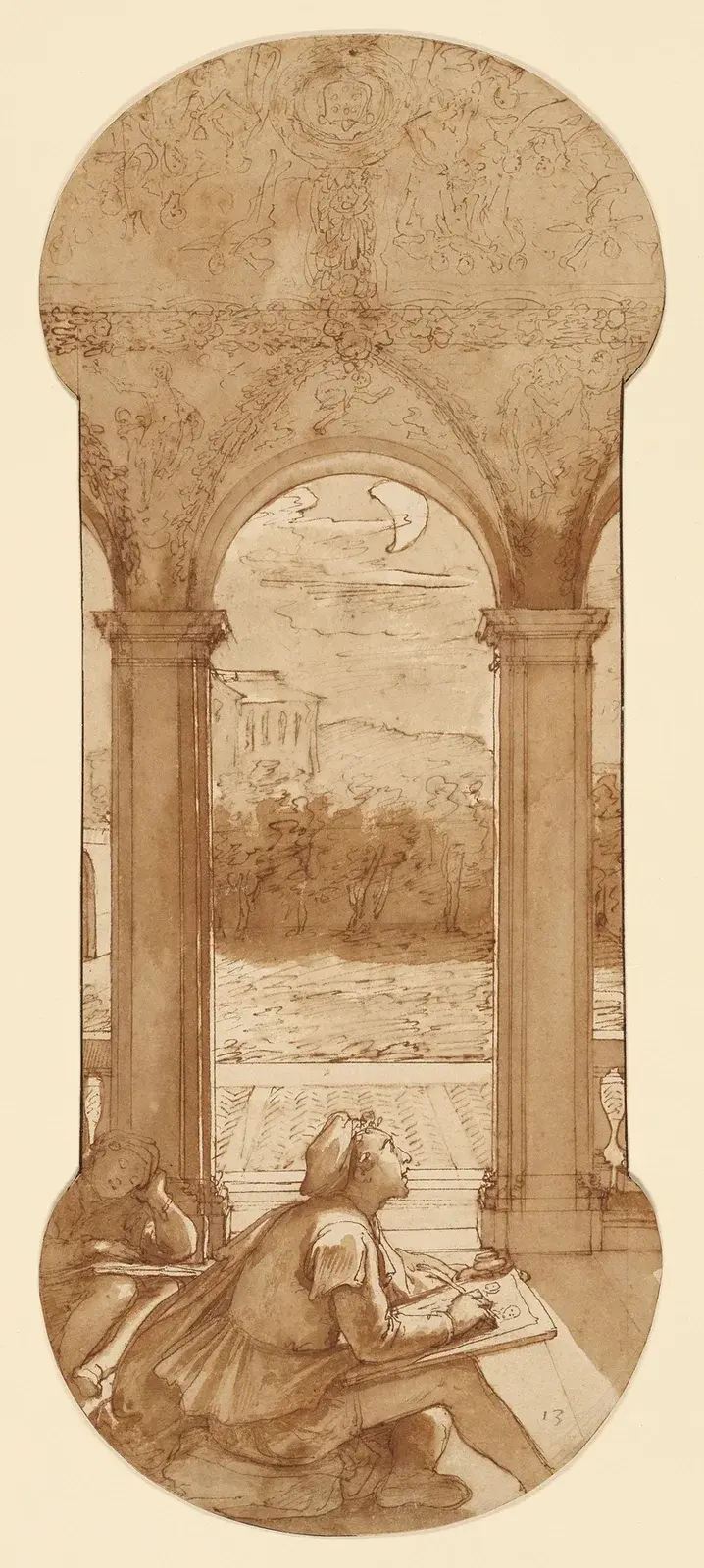Taddeo kopiujący freski Rafaela w loggii Villa Farnesina, gdzie został również przedstawiony śpiący, Federico Zuccaro