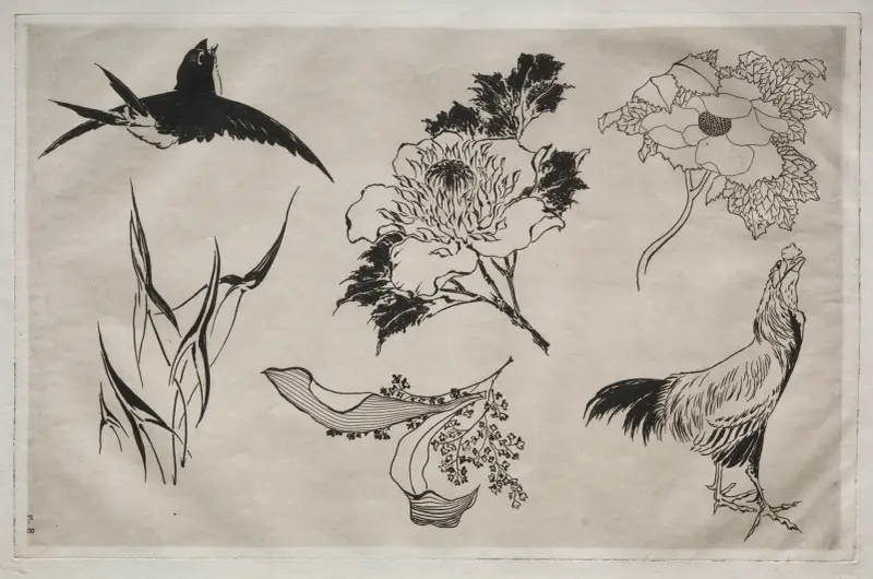 Dinner Service (Rousseau service); Swallow, Rooster and Flowers (no. 8) av Félix Bracquemond