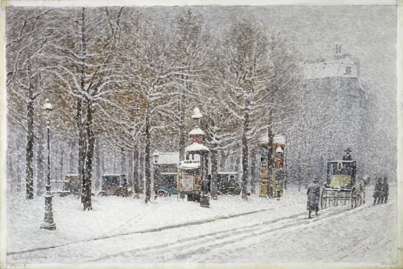 Rue Gassendi, avenue du Maine och rue des Plantes under snö i februari 1916 av Félix Brard