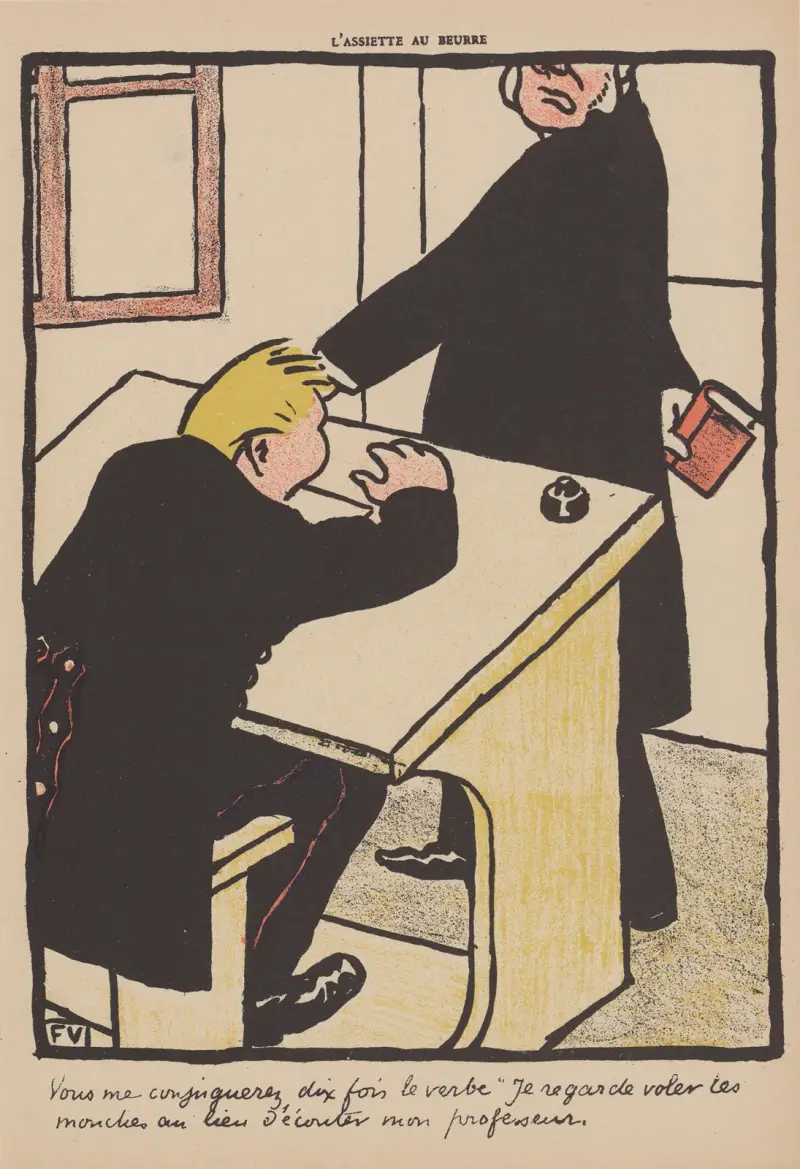 Ni ska konjugera verbet ”jag tittar på flugorna flyga i stället för att lyssna på min lärare” tio gånger av Félix Vallotton