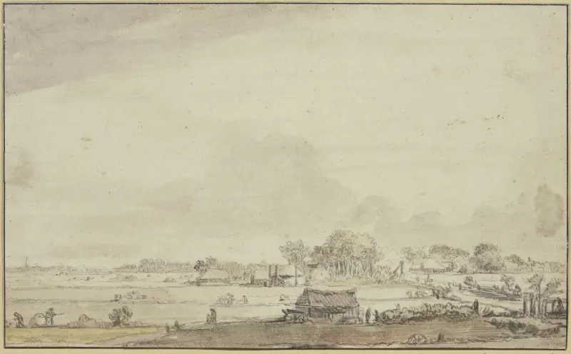 Landskap med utspridda hyddor, till vänster arbetar folk med skörden av Ferdinand Bol