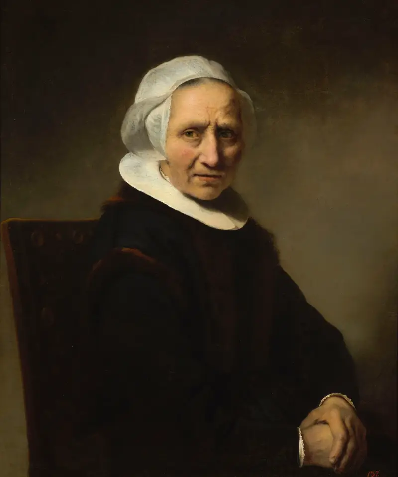 Porträtt av en gammal kvinna i vit mössa av Ferdinand Bol