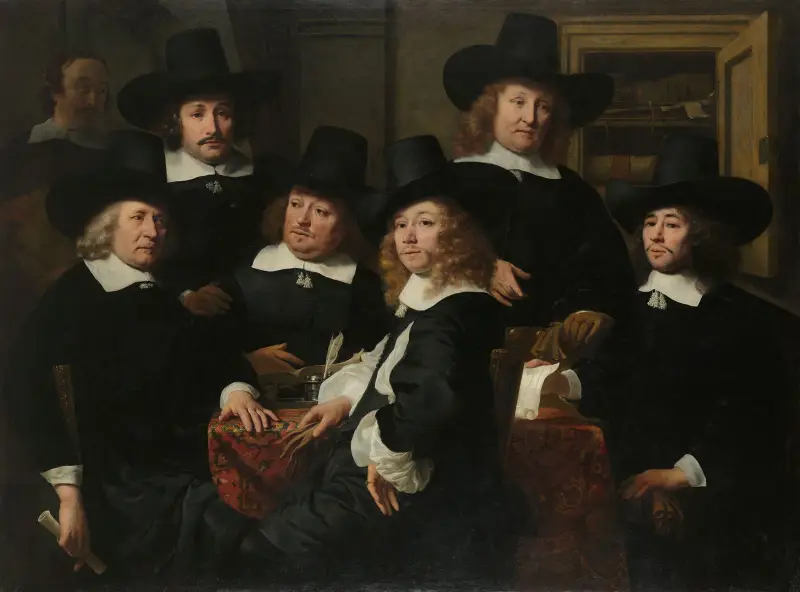 Sechs Regenten und der Gemeindediener des Nieuw Zijds Instituts für die Armenfürsorge außer Haus, Amsterdam, 1657 von Ferdinand Bol