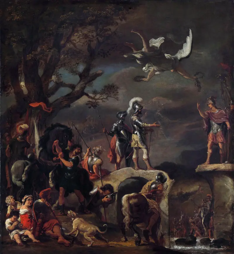 Fredsförhandlingarna mellan Claudius Civilis och Quintus Petillius Cerealis på den rivna bron av Ferdinand Bol