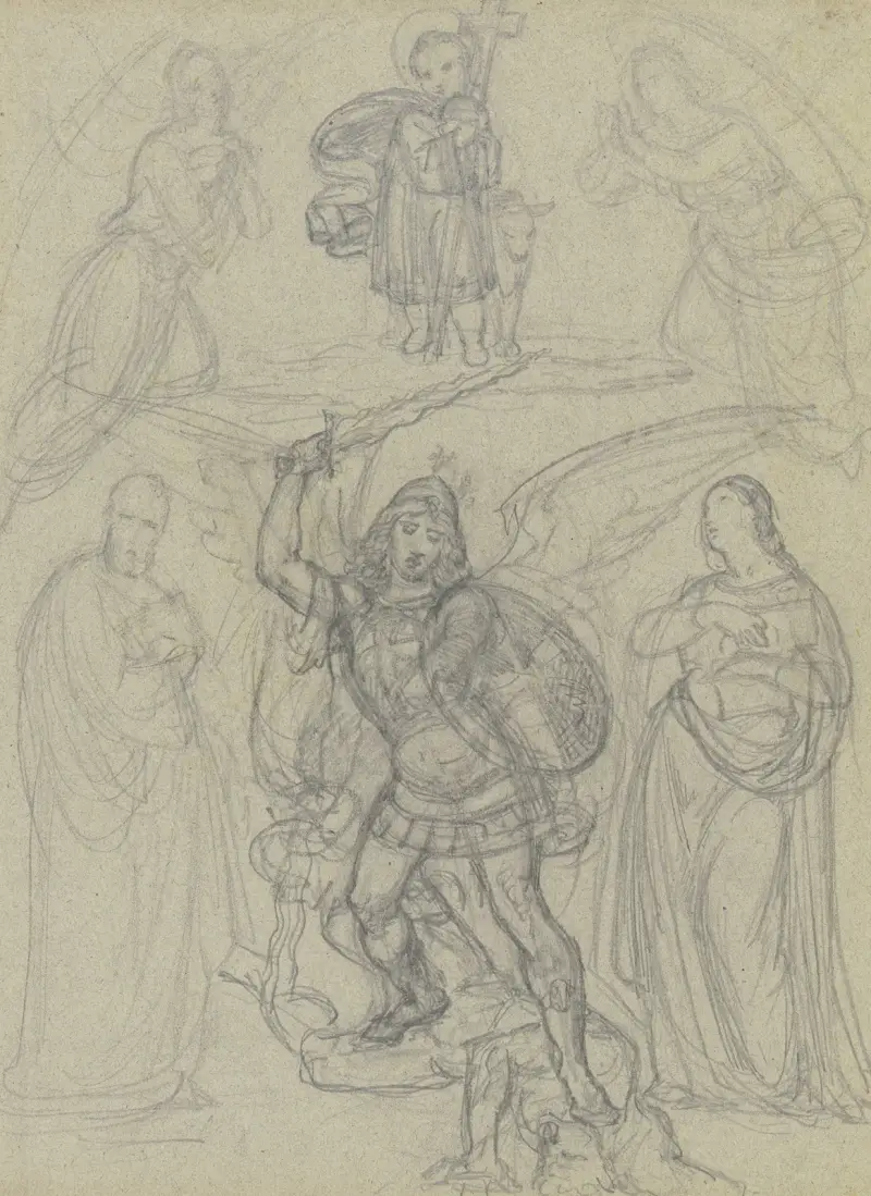 Jesusbarnet med korset och lammet, tillbett av två änglar och två helgon, därunder ärkeängeln Mikael som störtar Satan av Ferdinand Fellner