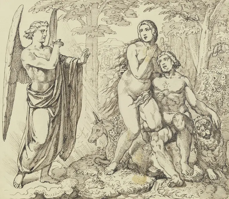 En ängel framför Guds förbud till Adam och Eva att äta av trädet med kunskap om gott och ont av Ferdinand Fellner