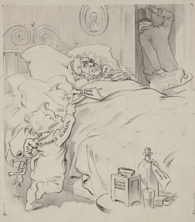 Two toddlers, ‘Life Insurance Scandal’ and ‘Rail Road Scandal,’ climb into bed with ‘Corporate Corruption’ av Joseph Ferdinand Keppler