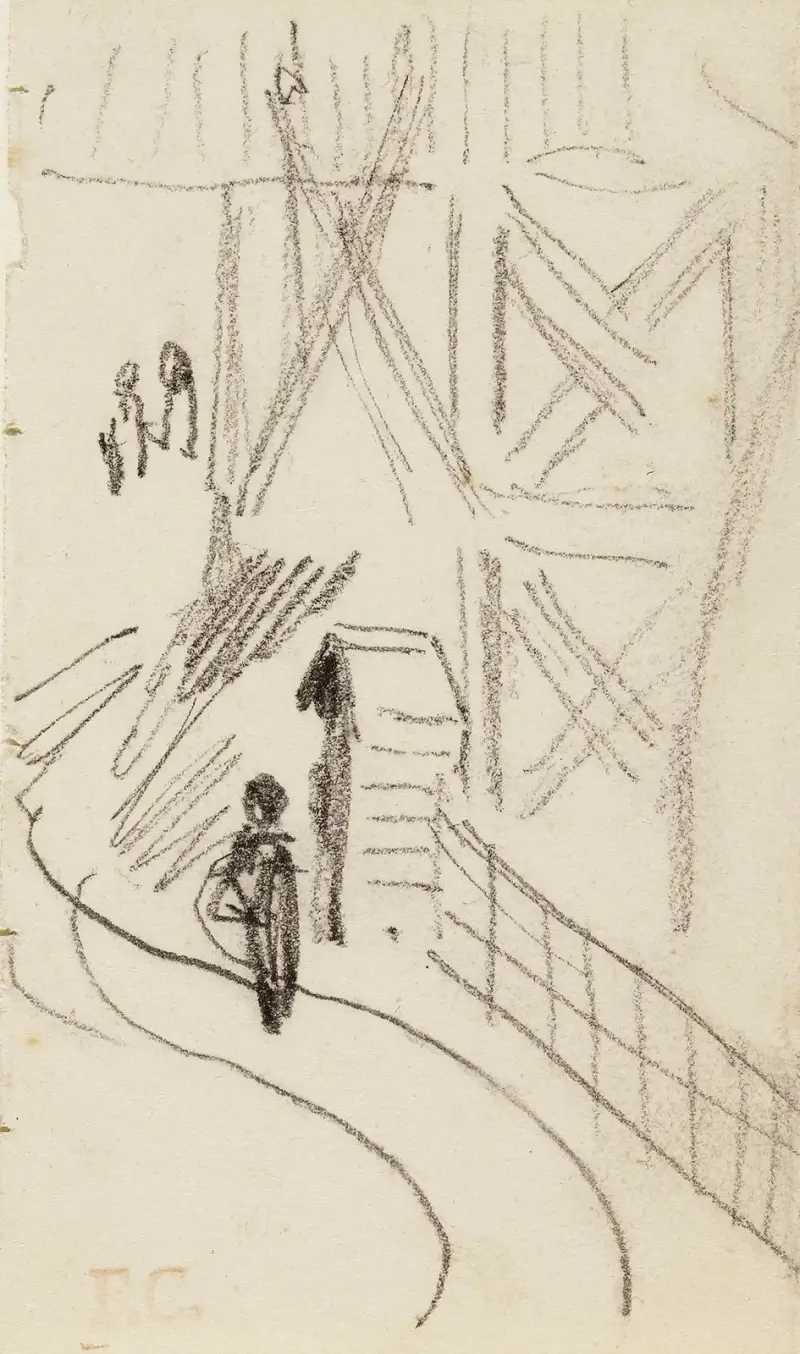 Schilderhaus am Straßenrand vor einem Turm mit einem Posten von Fernand Cormon