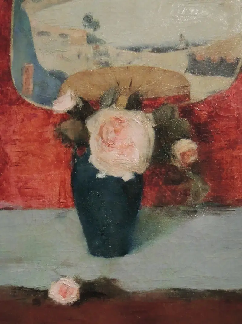 Rosen und japanischer Fächer, Öl auf Leinwand von Fernand Khnopff