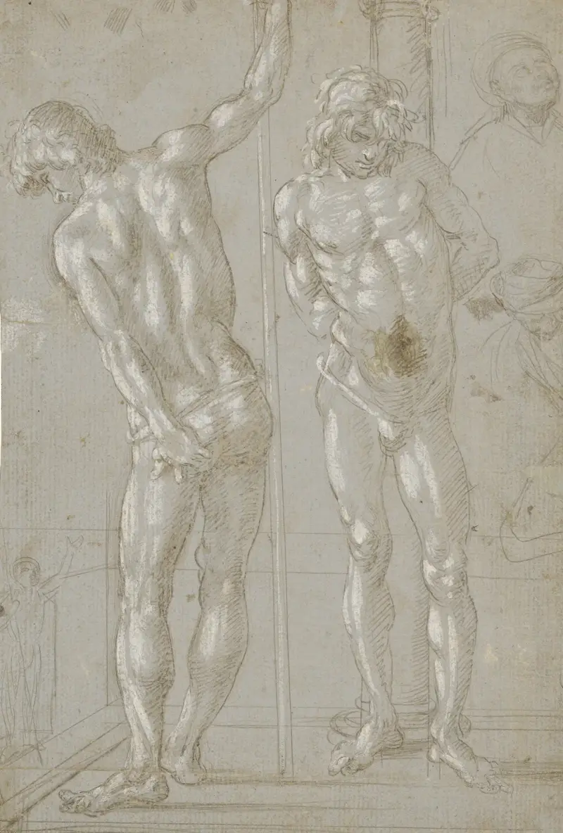 Studier av Kristus vid pelaren, en naken figur bakifrån och olika figurer av Filippino Lippi