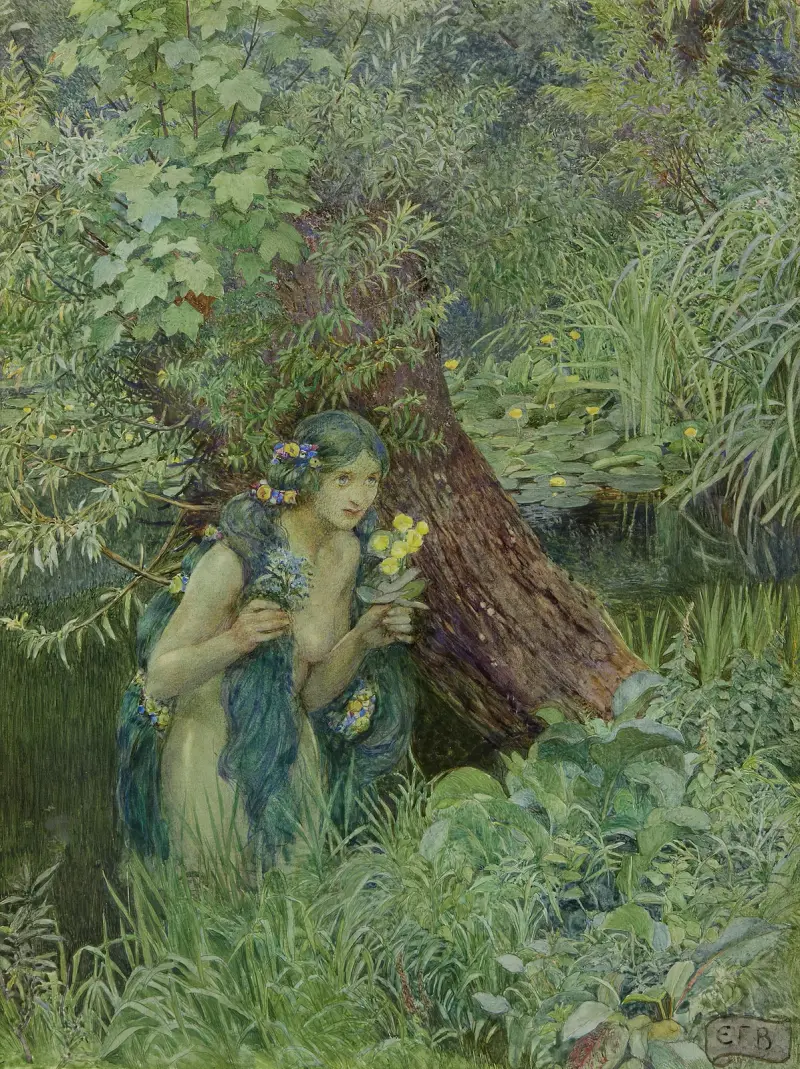 Med sköna grönaktiga lockar, alla lösa och obundna av Eleanor Fortescue-Brickdale