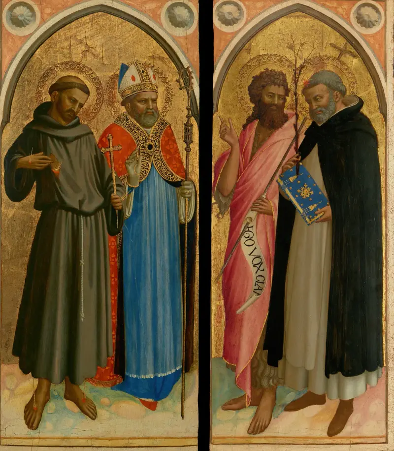 Den helige Franciskus och ett biskopshelgon, den helige Johannes Döparen och den helige Dominikus av Fra Angelico