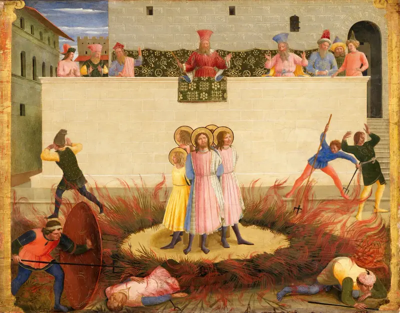 De heliga Kosmas och Damianus och deras bröder överlever bålet av Fra Angelico