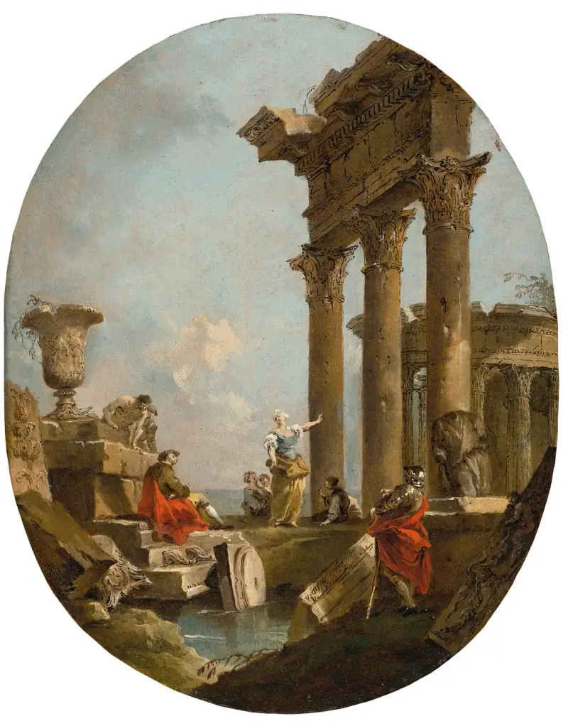 Ett arkitektoniskt capriccio med figurer bland klassiska ruiner, ett tempel i bakgrunden av Francesco Guardi