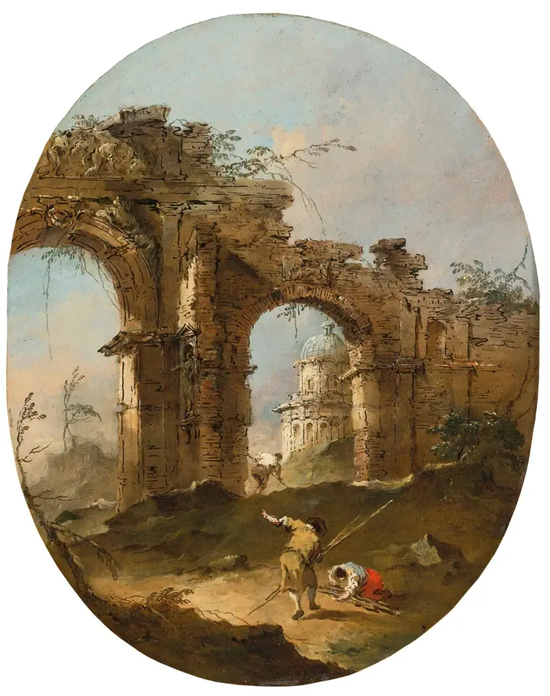 Arkitektoniskt capriccio med figurer vid en ruinerad båge av Francesco Guardi