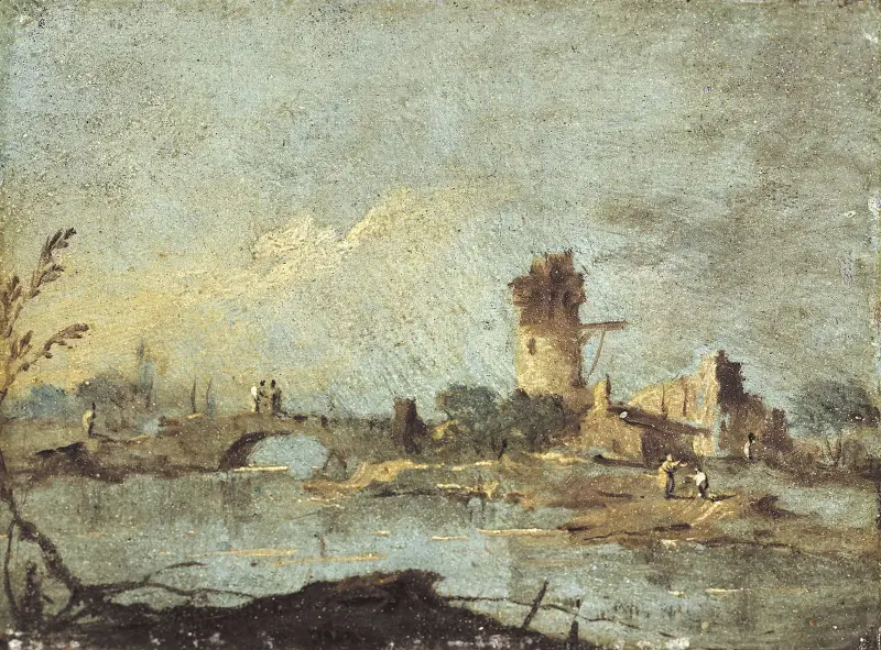 Ländliche Capriccio mit Brücke und Ruinenturm von Francesco Guardi