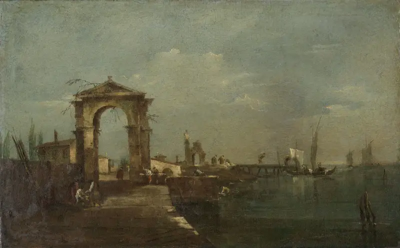 Landschaft mit Kai und Schiffen auf einem See von Francesco Guardi