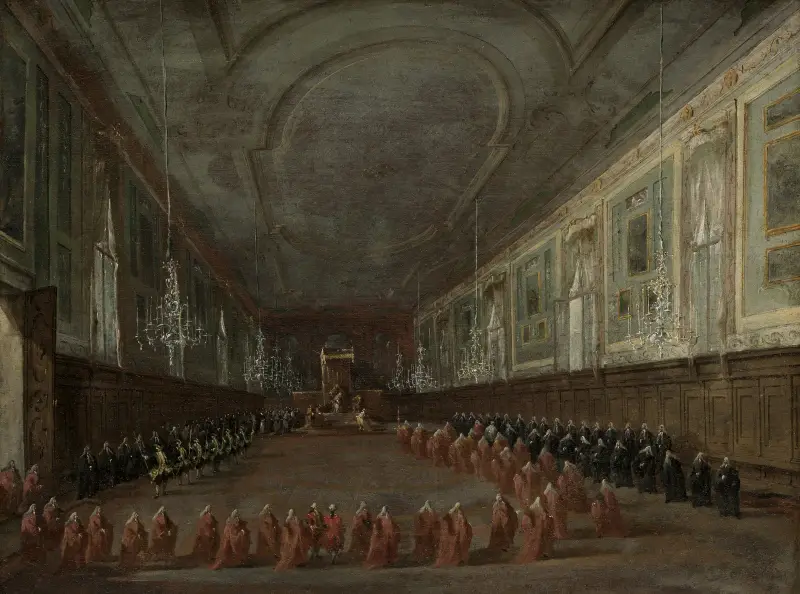Påve Pius VI stiger ner från tronen för att ta farväl av dogen i salen SS. Giovanni e Paolo, 1782 av Francesco Guardi