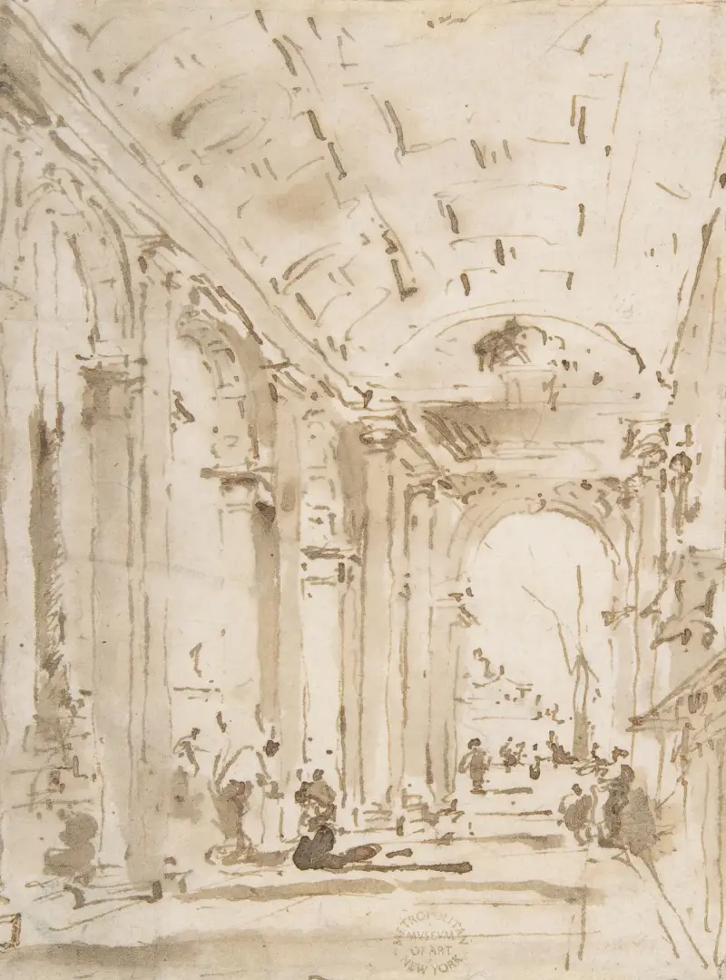 Librerians arkad, mot San Giorgio Maggiore av Francesco Guardi