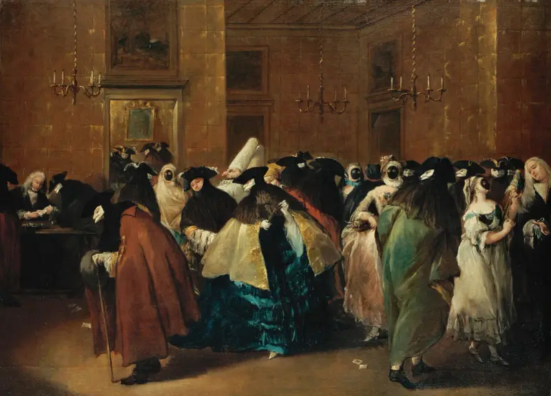 Ridotton i Venedig med maskerade figurer som samtalar av Francesco Guardi