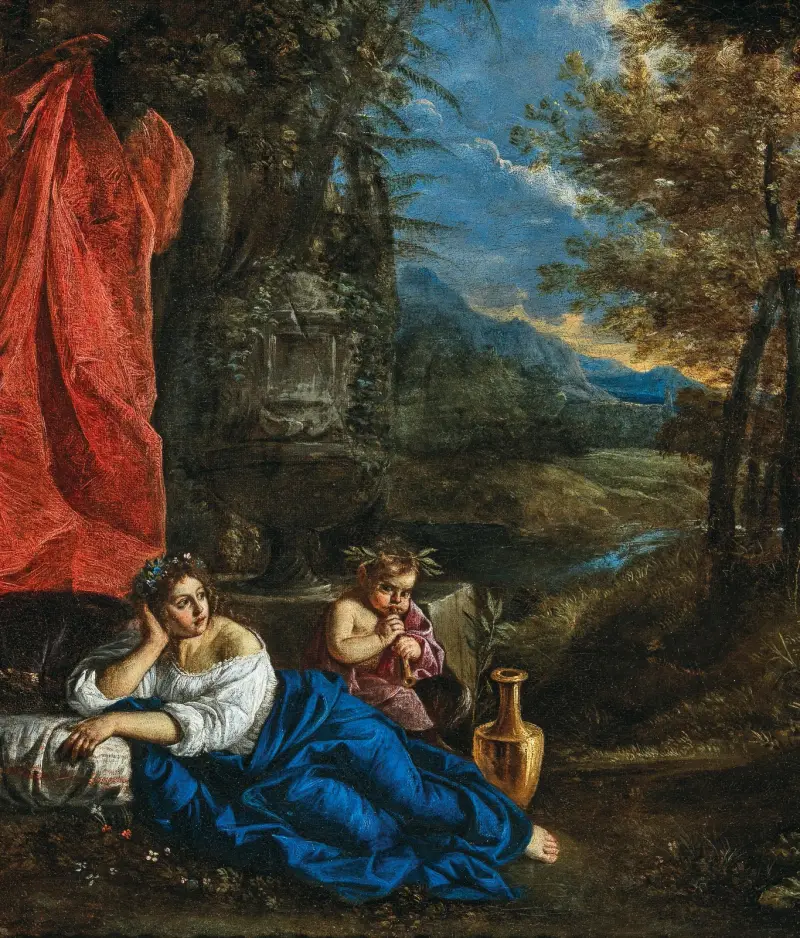 Flora och den unge Bacchus i ett skogslandskap av Pier Francesco Mola