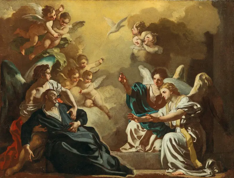 Sankt Filippo Neri mottar den helige Ande i Sankt Sebastians katakomber av Francesco Solimena
