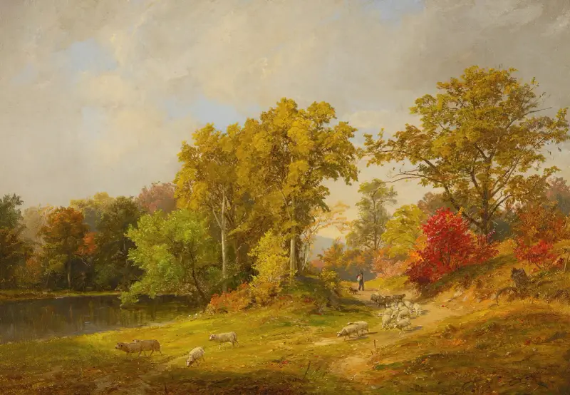 Höstlandskap med herde, hund och får av Jasper Francis Cropsey