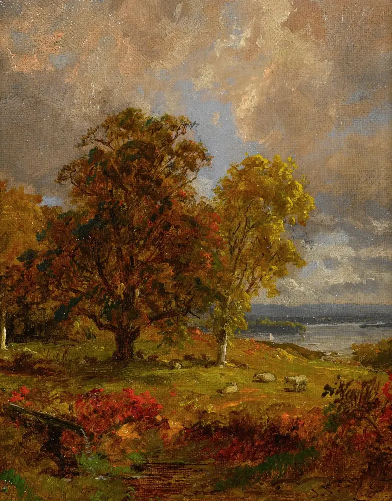 Landskap med träd och får vid en dunge av Jasper Francis Cropsey