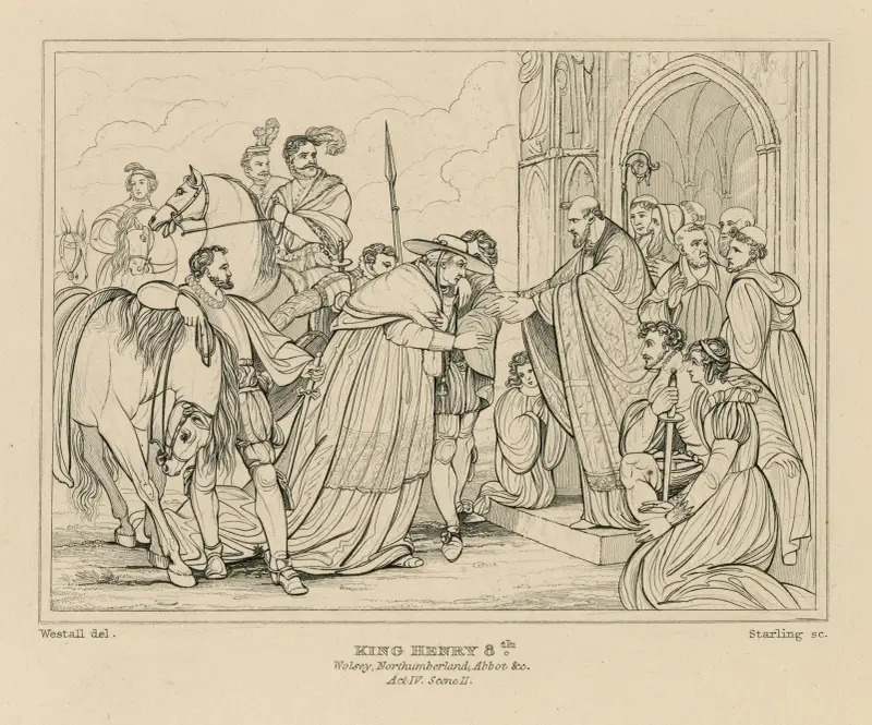 Kardinal Wolsey anländer till Leicester Abbey i Shakespeares Kung Henrik VIII, akt IV, scen 2 av William Francis Starling
